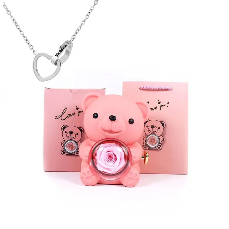 Ewige Rose Teddy Bär Geschenkkiste mit Halskette – Rotierende Rosen-Schmuckschatulle, Valentins- und Hochzeits-Aufbewahrungsgeschenk für Frauen und Freundinnen