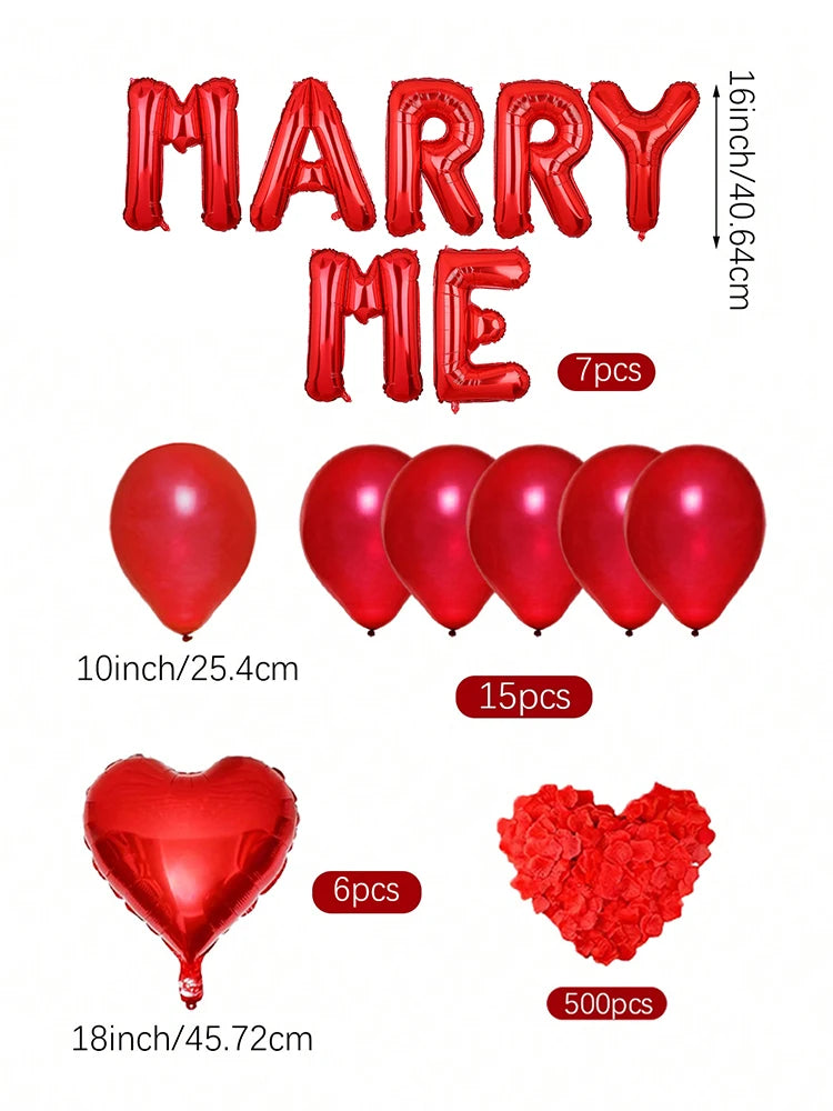 7/528 Stück ‚Marry Me‘ Rote Liebesballon-Set mit roten Blütenblättern, geeignet für Valentinstags-Partys, Dekorationen und Heiratsanträge