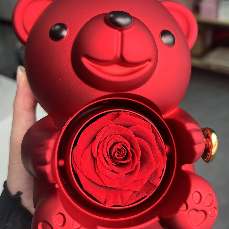 Ewige Rose Teddy Bär Geschenkkiste mit Halskette – Rotierende Rosen-Schmuckschatulle, Valentins- und Hochzeits-Aufbewahrungsgeschenk für Frauen und Freundinnen