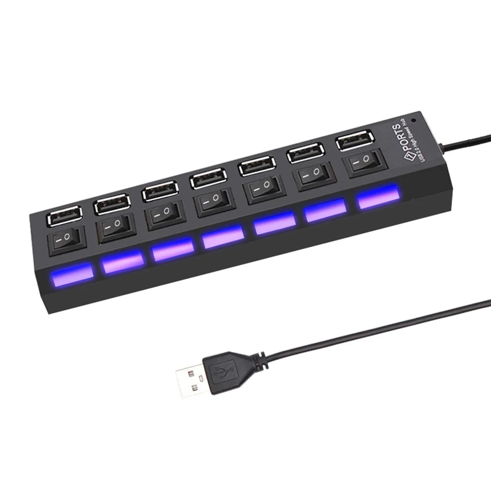 USB 2.0 Hub, Multi-USB Splitter, 4/7 Ports, USB Expander mit Schalter, 30 cm Kabel, mit Netzadapter für den Einsatz zu Hause