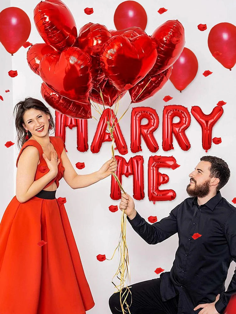 7/528 Stück ‚Marry Me‘ Rote Liebesballon-Set mit roten Blütenblättern, geeignet für Valentinstags-Partys, Dekorationen und Heiratsanträge