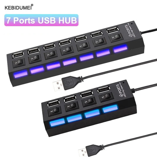 USB 2.0 Hub, Multi-USB Splitter, 4/7 Ports, USB Expander mit Schalter, 30 cm Kabel, mit Netzadapter für den Einsatz zu Hause