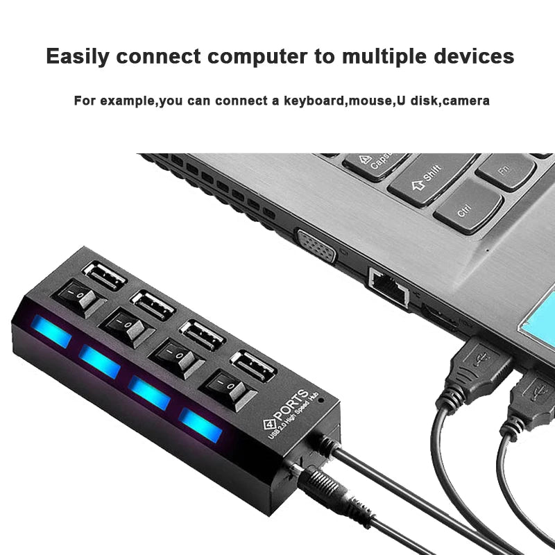 USB 2.0 Hub, Multi-USB Splitter, 4/7 Ports, USB Expander mit Schalter, 30 cm Kabel, mit Netzadapter für den Einsatz zu Hause