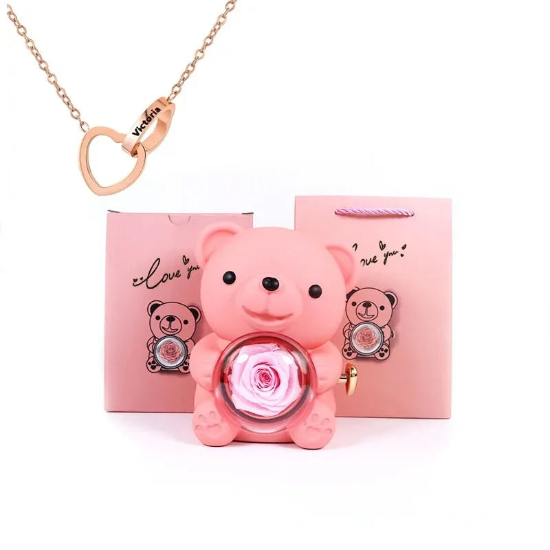 Ewige Rose Teddy Bär Geschenkkiste mit Halskette – Rotierende Rosen-Schmuckschatulle, Valentins- und Hochzeits-Aufbewahrungsgeschenk für Frauen und Freundinnen