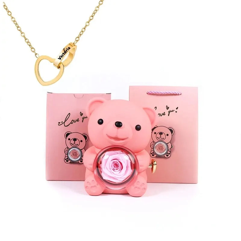 Ewige Rose Teddy Bär Geschenkkiste mit Halskette – Rotierende Rosen-Schmuckschatulle, Valentins- und Hochzeits-Aufbewahrungsgeschenk für Frauen und Freundinnen