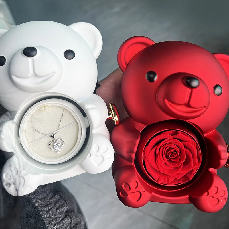 Ewige Rose Teddy Bär Geschenkkiste mit Halskette – Rotierende Rosen-Schmuckschatulle, Valentins- und Hochzeits-Aufbewahrungsgeschenk für Frauen und Freundinnen