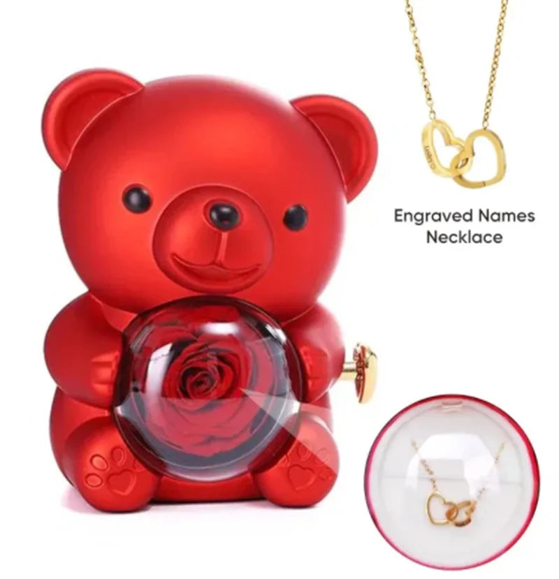 Ewige Rose Teddy Bär Geschenkkiste mit Halskette – Rotierende Rosen-Schmuckschatulle, Valentins- und Hochzeits-Aufbewahrungsgeschenk für Frauen und Freundinnen