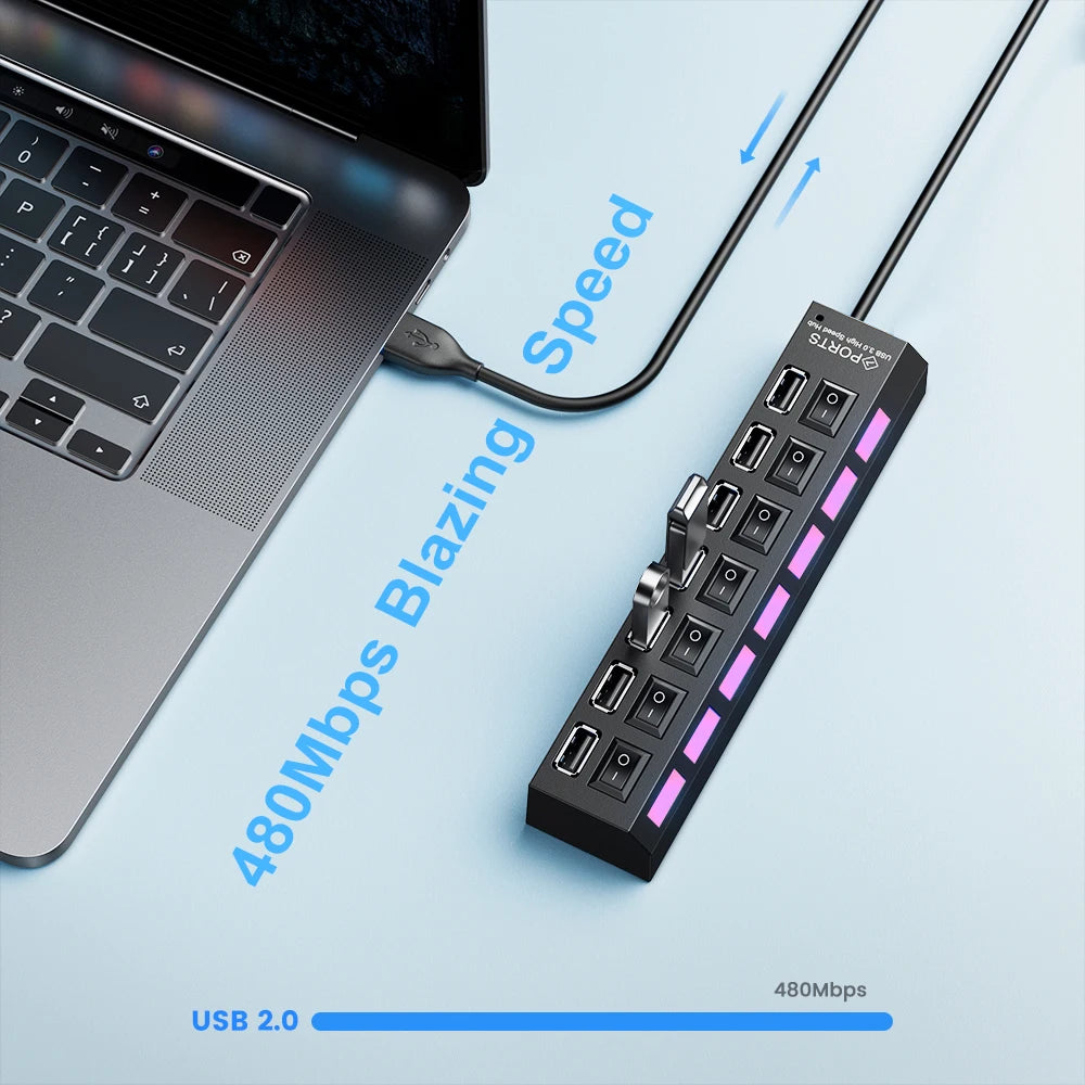 USB 2.0 Hub, Multi-USB Splitter, 4/7 Ports, USB Expander mit Schalter, 30 cm Kabel, mit Netzadapter für den Einsatz zu Hause